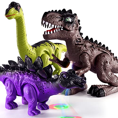 New 3 Pack Electric Walking Dinosaur Toys For Toddlers 2-4 3-5 Years With Roar Sounds And Lights Up Realistic Robot T-Rex Brachiosaurus Stegosaurus Dinosaur Figures For Kids - Vehicle Adventure Play Collection