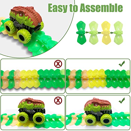 Inodoo Magic Tracks For Boys Girls Kids 144Pcs Flexible Glow In The Dark Race Track With LED Light-Up Dinosaur Race Car STEM Building Slot Car Toys well-suited Christmas Birthday Gifts For Aged 4-8 Dinosaur Race - Vehicle Adventure Play Collection