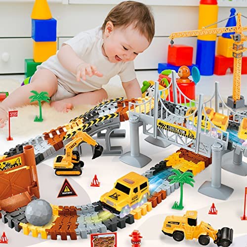 Inodoo Magic Tracks For Boys Girls Kids 144Pcs Flexible Glow In The Dark Race Track With LED Light-Up Dinosaur Race Car STEM Building Slot Car Toys well-suited Christmas Birthday Gifts For Aged 4-8 Dinosaur Race - Vehicle Adventure Play Collection