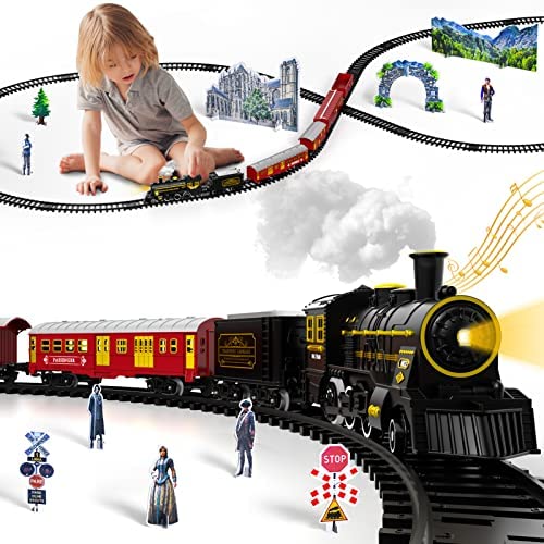 Electric Christmas Train Set For Kids Battery-Powered Train Toys With Sounds Include 4 Cars And 10 Tracks Classic Toy Train Set For 3 4 5 6 Years Old Boys Girls - Railway Imagination Collection
