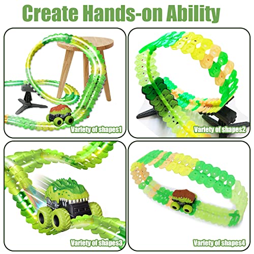 Inodoo Magic Tracks For Boys Girls Kids 144Pcs Flexible Glow In The Dark Race Track With LED Light-Up Dinosaur Race Car STEM Building Slot Car Toys well-suited Christmas Birthday Gifts For Aged 4-8 Dinosaur Race - Vehicle Adventure Play Collection