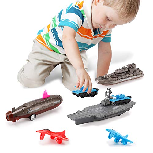 Aircraft Carrier Pullback Mini Military Toy Playset With Fighter Jets Stealth Bomber Tank Warship Submarine (8 Pieces) - Marine Adventure Collection