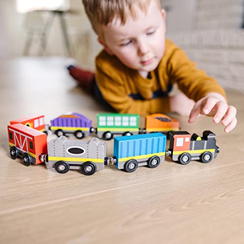 Wooden Train Cars (8 Pcs) – Magnetic Train Wooden Train Toys Train Sets For Toddlers And Kids Ages 3+ - Railway Imagination Collection