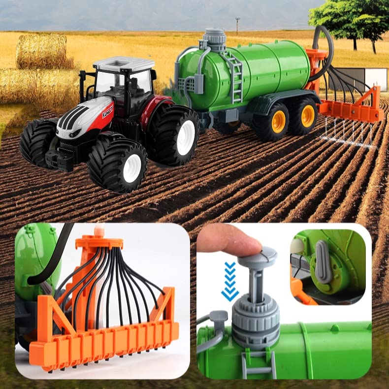 Remote Control Tractor Toy RC Truck With Trailer Farm Vehicle Toys Barrel Trailer With Spread Tubes Frontloader 1/24 Scale 2.4Ghz Farm Playset Toy For Kids Age 5 6 7 8 9 Up Years Old - Farm Adventure Play Edition