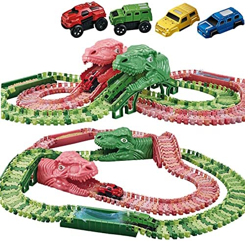 Dinosaur Toys For Kids 3-5 245 Pcs Dino Race Car Track Create A Dinosaur World Road Race With Flexible Train Track Playset 2 Electric Dinosaur Race Cars Toy,well-suited Gift For 3 4 5 Years Old Boys Girls Pink - Vehicle Adventure Play Collection