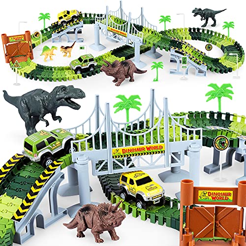 Deals Dinosaur Toys-187 Pcs Create A Dinosaur World Road Race Flexible Track Playset 4 Dinosaurs-2 Race Cars For 3 4 5 6 Years Up Old Boys Girls well-suited Gift - Vehicle Adventure Play Collection