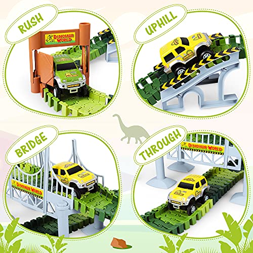 Deals Dinosaur Toys-187 Pcs Create A Dinosaur World Road Race Flexible Track Playset 4 Dinosaurs-2 Race Cars For 3 4 5 6 Years Up Old Boys Girls well-suited Gift - Vehicle Adventure Play Collection