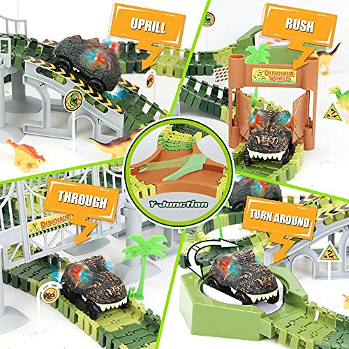 174 PCS Dinosaur Toys Race Track Flexible Train Tracks With 8 Dinosaurs Figures 2 Electric Race Cars Vehicle Playset With Lights To Create A Dinosaur World Road Race For Toddlers Kids Boys Girls - Vehicle Adventure Play Collection