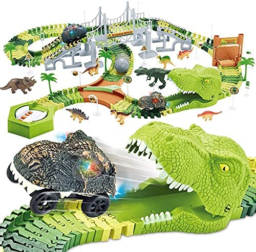 174 PCS Dinosaur Toys Race Track Flexible Train Tracks With 8 Dinosaurs Figures 2 Electric Race Cars Vehicle Playset With Lights To Create A Dinosaur World Road Race For Toddlers Kids Boys Girls - Vehicle Adventure Play Collection