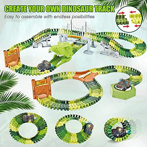 174 PCS Dinosaur Toys Race Track Flexible Train Tracks With 8 Dinosaurs Figures 2 Electric Race Cars Vehicle Playset With Lights To Create A Dinosaur World Road Race For Toddlers Kids Boys Girls - Vehicle Adventure Play Collection