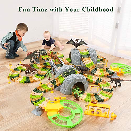 New Dinosaur Train Toys For Kids Longer Track 6 Realistic Jurassic Dino Figures 2 Electric Toy Car Twisted Flexible Train Track Set For Toddlers Boys & Girls 3 4 5 6 7 Years - Vehicle Adventure Play Collection