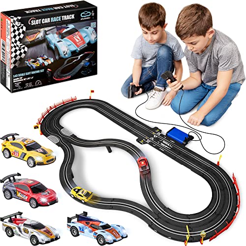 Slot Car Race Track Sets – Battery Or Electric Race Car Track With 4 Cars Dual Electric Race Track W/ 2 Remotes Lap Counter & Lights For Girls & Boys Age 8-12 - Vehicle Adventure Play Collection