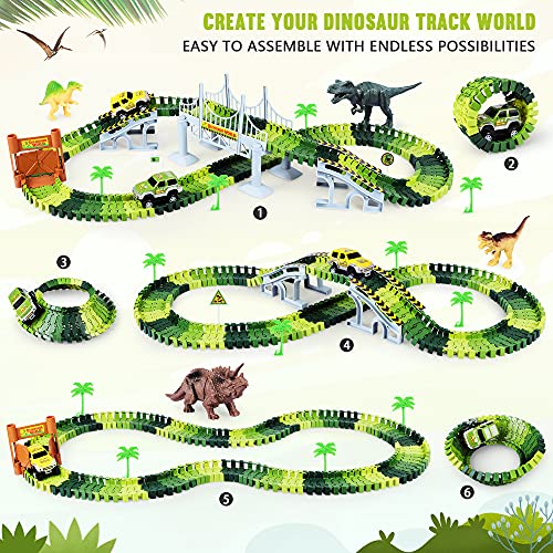 Deals Dinosaur Toys-187 Pcs Create A Dinosaur World Road Race Flexible Track Playset 4 Dinosaurs-2 Race Cars For 3 4 5 6 Years Up Old Boys Girls well-suited Gift - Vehicle Adventure Play Collection