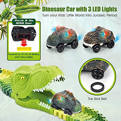 174 PCS Dinosaur Toys Race Track Flexible Train Tracks With 8 Dinosaurs Figures 2 Electric Race Cars Vehicle Playset With Lights To Create A Dinosaur World Road Race For Toddlers Kids Boys Girls - Vehicle Adventure Play Collection