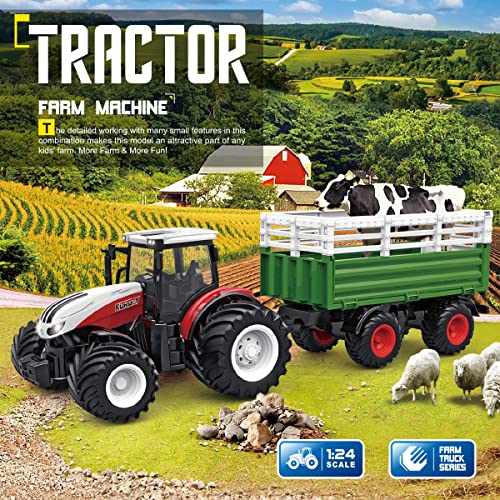 RC Tractor Remote Control Farm Truck With Trailer 1/24 Scale 2.4Ghz Electronic Tractor Farm Vehicle Toy With Light For Kids Age 5 6 7 8 9 And Up Years Old - Farm Adventure Play Edition